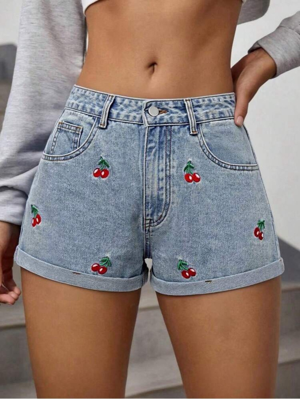 Cherry Print Jean Shorts High Waist Embroidered Cherries Light Wash Denim 30